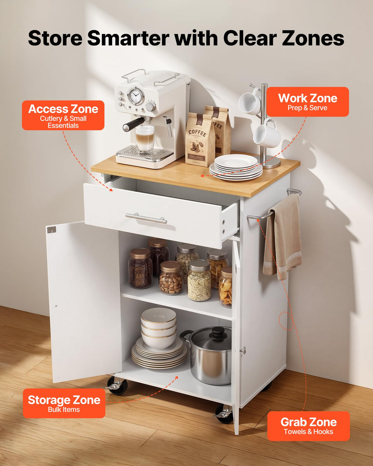 VEVOR Kitchen Island Cart with Storage, 42.28 in Wide Mobile Rolling Storage Island on Swivel Wheels, with Drawer, Storage Cabinet, Drop Leaf, Spice Rack, Table for Home Dining Room, White
