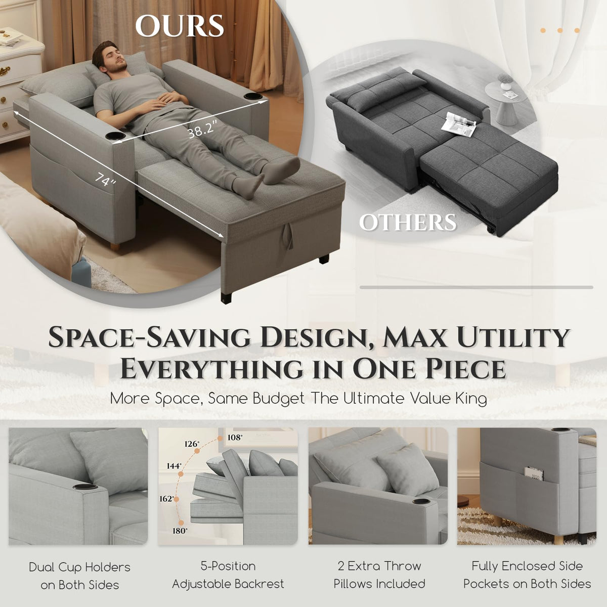 YODOLLA Sleeper Chair Pull Out Bed, Chair Bed Sleeper for Adults, Beige