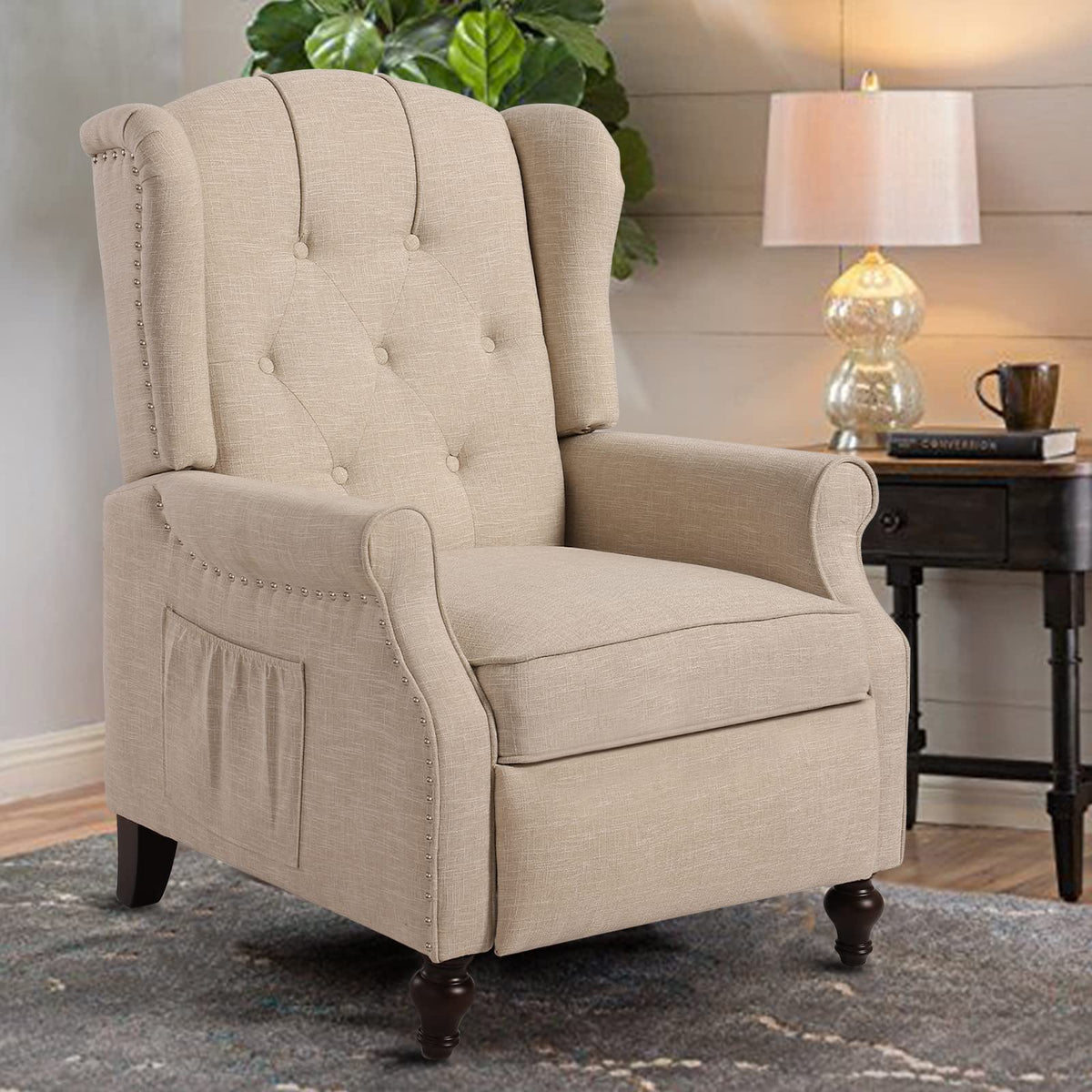 Wingback Recliner Chair - Tufted Arm Chair Recliner - Fabric Push Back Single Sofa for Living Room Adjustable Backrest (Blue Floral)