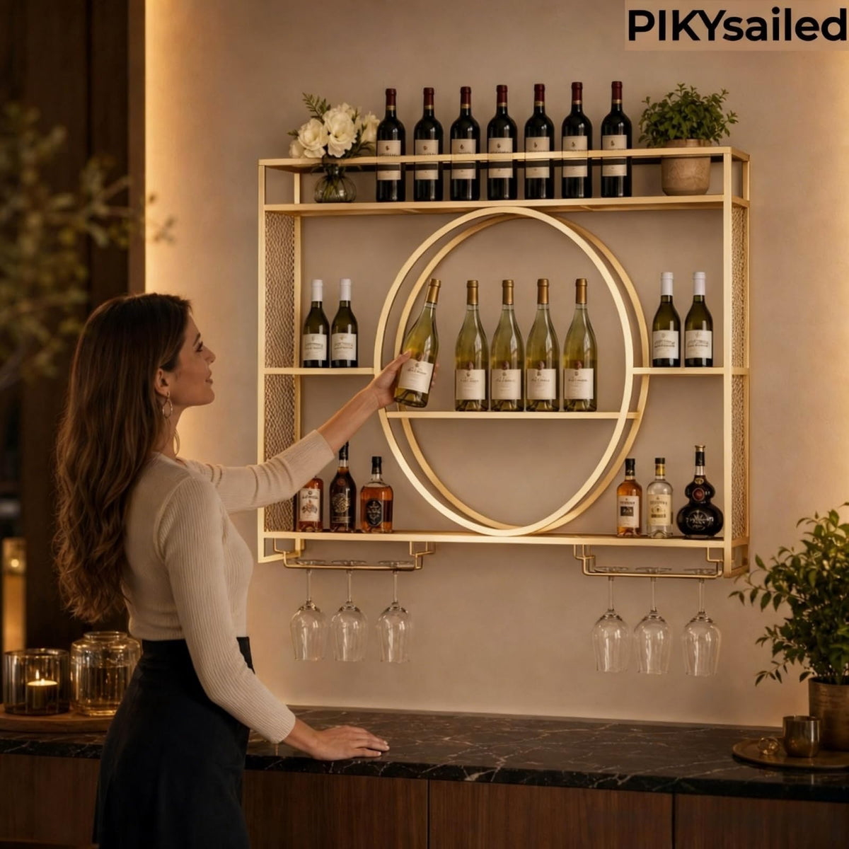 39" Upgrade Metal Wall Mounted Wine Rack, 3-Tier Large Capacity Hanging Bar Shelf, Modern Liquor Wall Shelves for Home & Dining, Gold