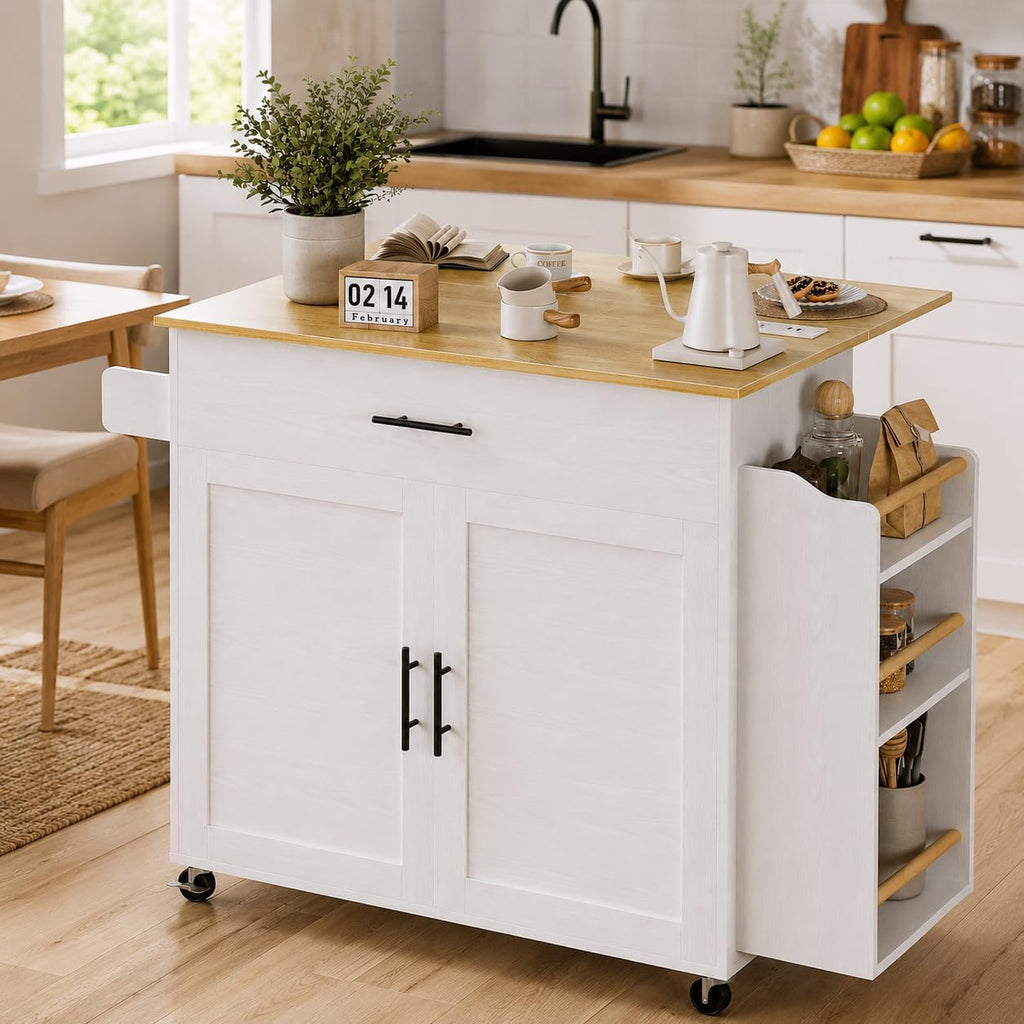 IRONCK Kitchen Island with Power Outlet, 3-Tier Side Storage Rack, White