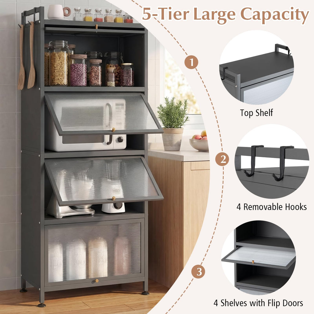 GIANTEX 5-Tier Kitchen Storage Cabinet, 4 PC Doors, Rolling Wheels, White