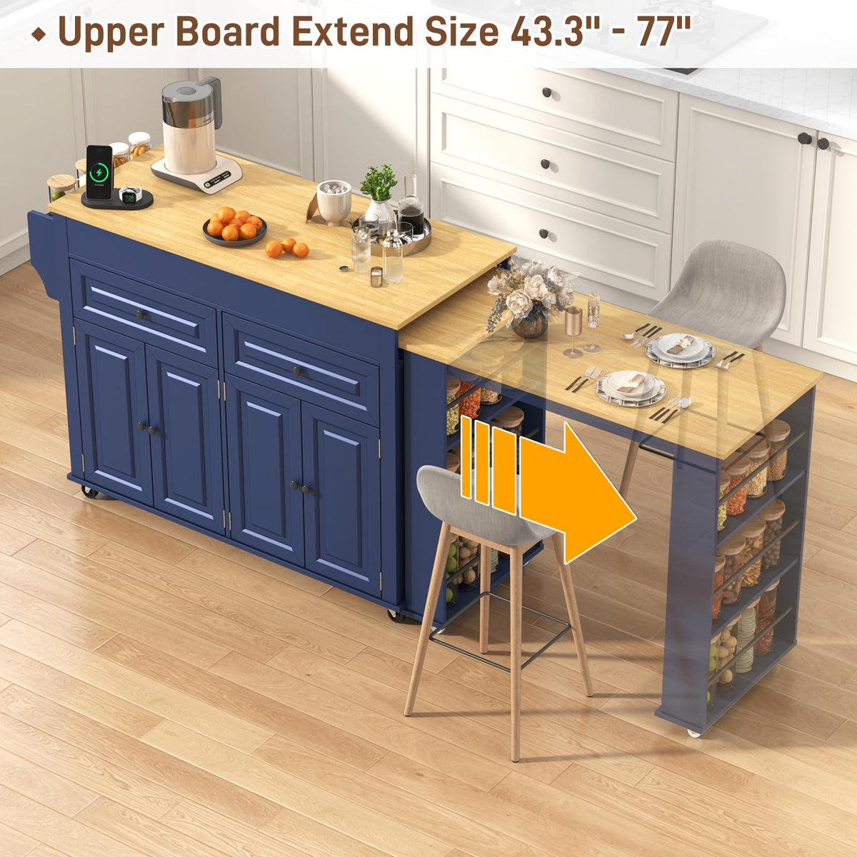 80"-48" Extendable Kitchen Island with Extended Dining Table and Power Outlet,Large Mobile Kitchen Storage Islands with 2 Storage Drawers,Rolling Islands Cart with 3 Extra Rows Open Shelves(Brown)