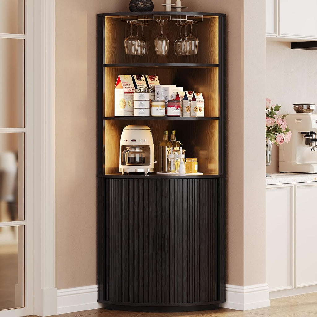 ComfyCorner 72" Tall Corner Bar Cabinet with LED Lights & Sliding Door