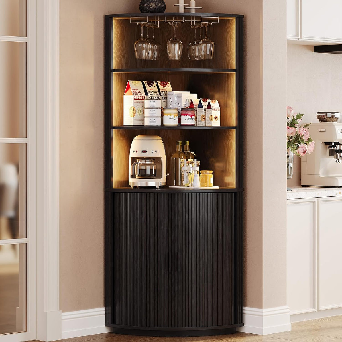 ComfyCorner 72" Tall Corner Bar Cabinet with LED Lights & Sliding Door