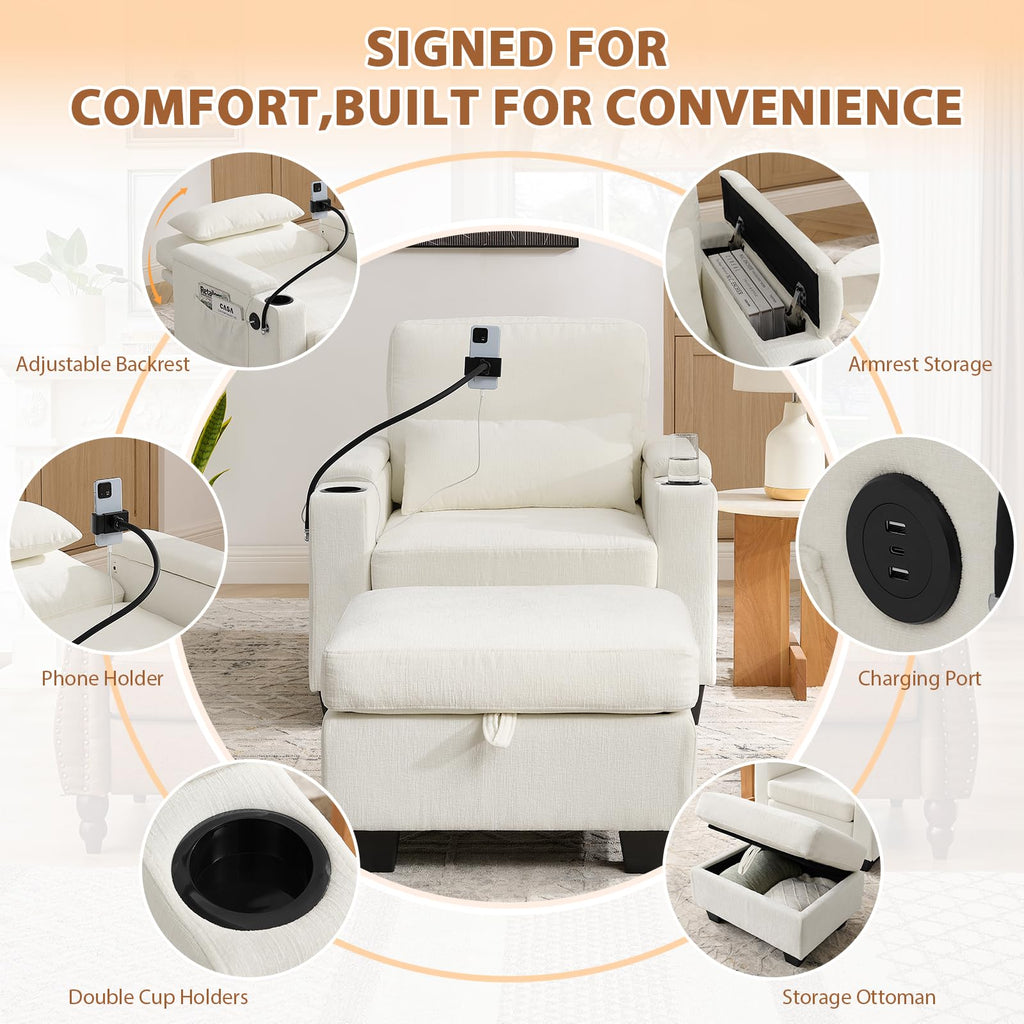 Oversized Chaise Lounge Chair Indoor, Single Convertible Recliner Reading Arm Sofa Chair W/Adjustable Backrest & Charging Port Couch Bed for Living Room, Home Theater & Bedroom, Brown