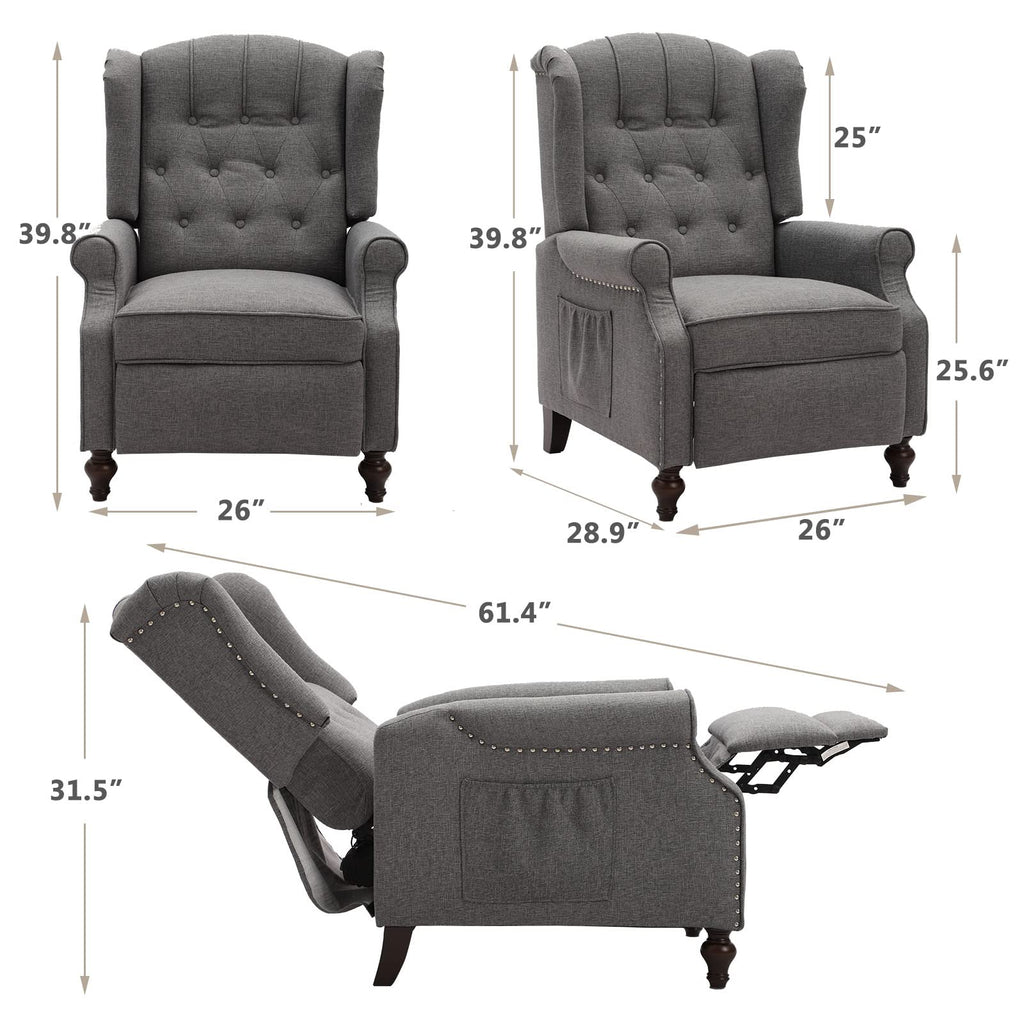 IPKIG Wingback Pushback Recliner Chair - Mid Century Recliner Armchair with Massage and Heat, Rivet Decoration, Button-Tufted Back, Solid Wood Legs for Living Room, Bedroom, Office(Beige)