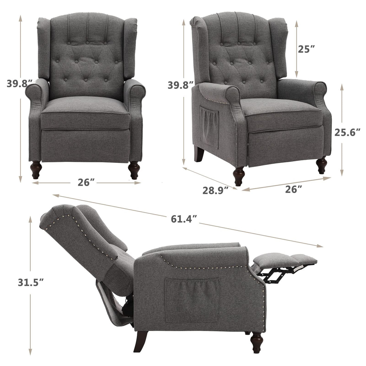 IPKIG Wingback Pushback Recliner Chair - Mid Century Recliner Armchair with Massage and Heat, Rivet Decoration, Button-Tufted Back, Solid Wood Legs for Living Room, Bedroom, Office(Beige)