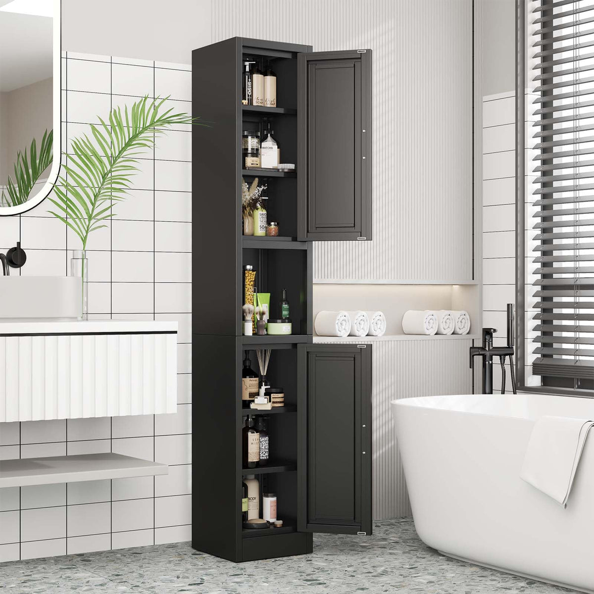 67" Tall Metal Pantry Cabinet, Narrow Freestanding Storage Cabinet, Black