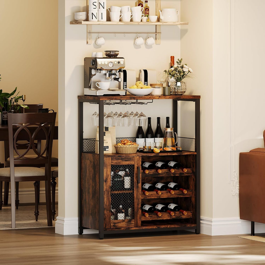 3-Tier Wine Bar Cabinet with Removable Wine Rack, Liquor Storage Cabinet with Glass Holder & Mesh Door, Coffee Bar Sideboard Buffet for Living Room or Dining Room, Gray