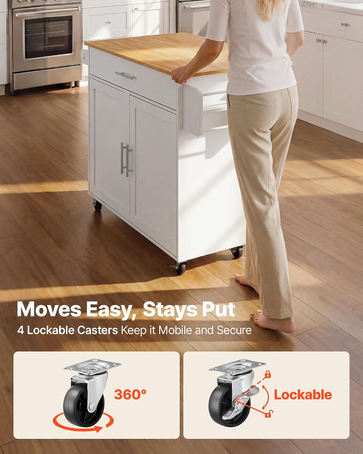 VEVOR Kitchen Island Cart with Storage, 42.28 in Wide Mobile Rolling Storage Island on Swivel Wheels, with Drawer, Storage Cabinet, Drop Leaf, Spice Rack, Table for Home Dining Room, White