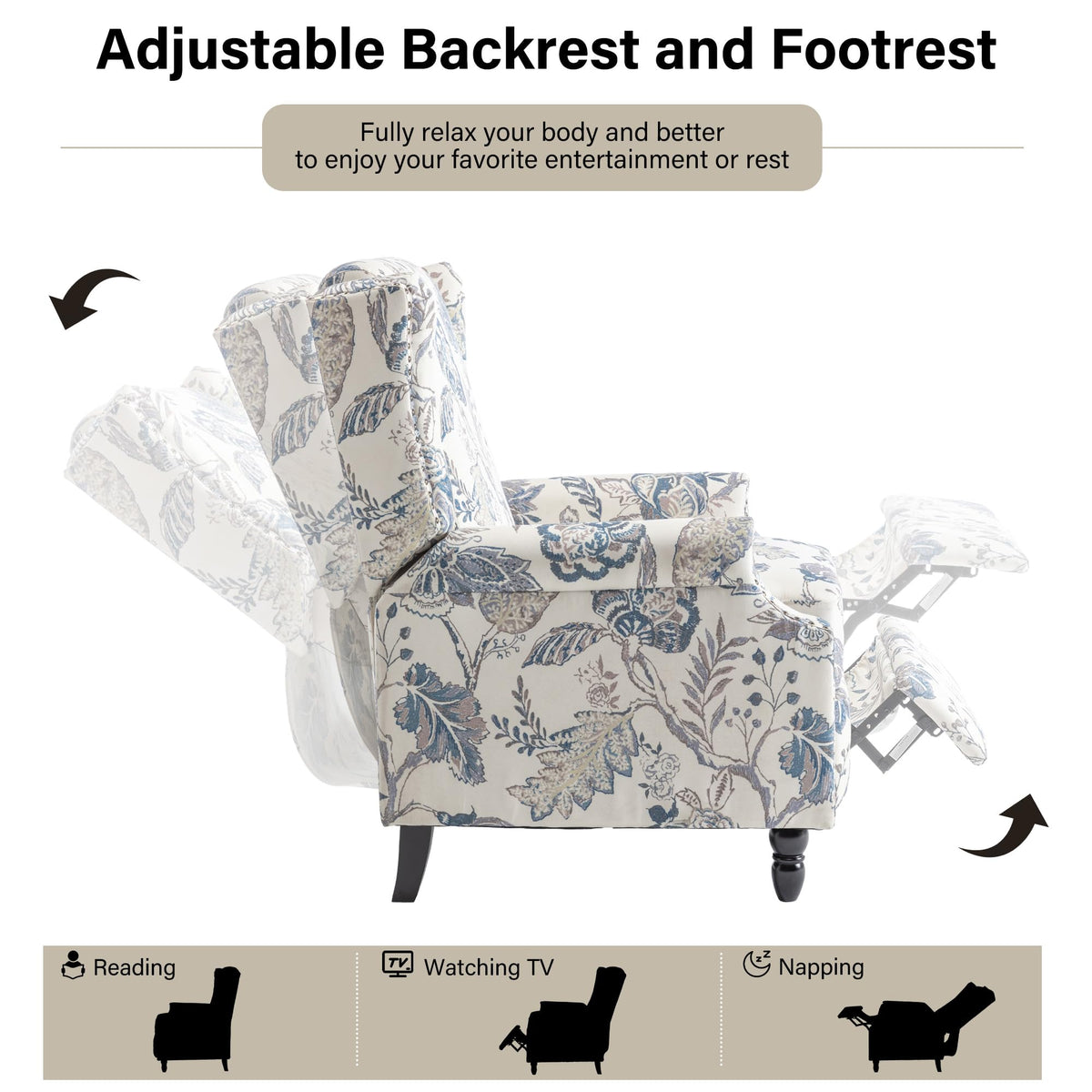 Wingback Floral Pushback Recliner Chair, Plants Beige, Set of 2