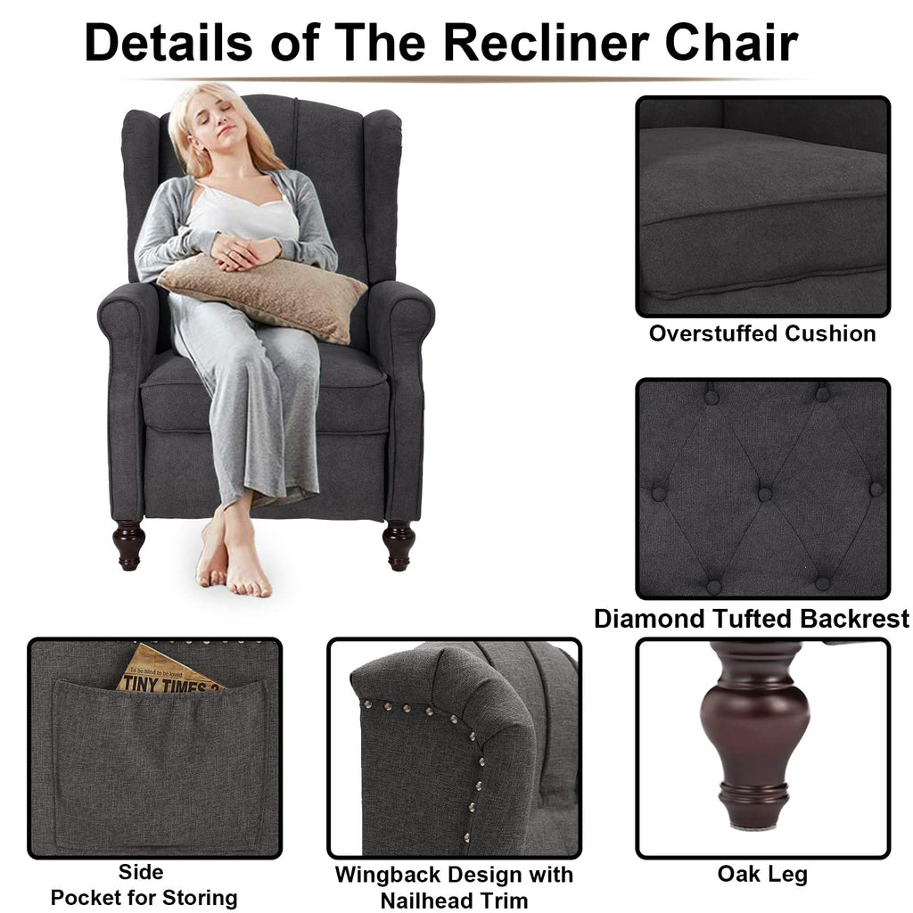 IPKIG Wingback Pushback Recliner Chair - Mid Century Recliner Armchair with Massage and Heat, Rivet Decoration, Button-Tufted Back, Solid Wood Legs for Living Room, Bedroom, Office(Beige)
