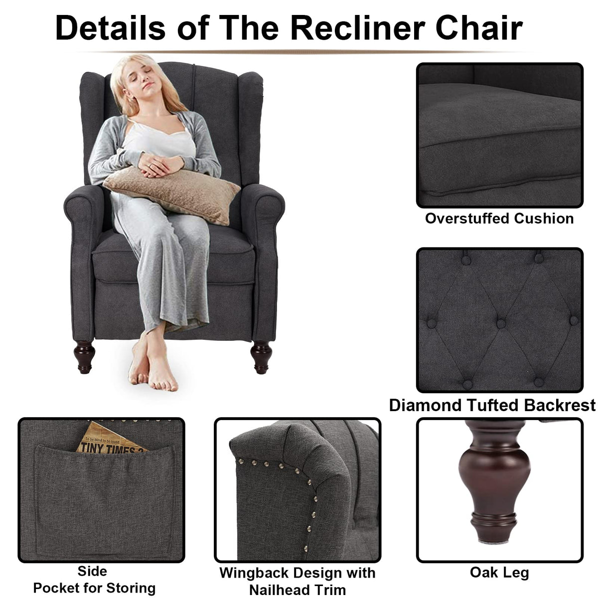 IPKIG Wingback Pushback Recliner Chair - Mid Century Recliner Armchair with Massage and Heat, Rivet Decoration, Button-Tufted Back, Solid Wood Legs for Living Room, Bedroom, Office(Beige)