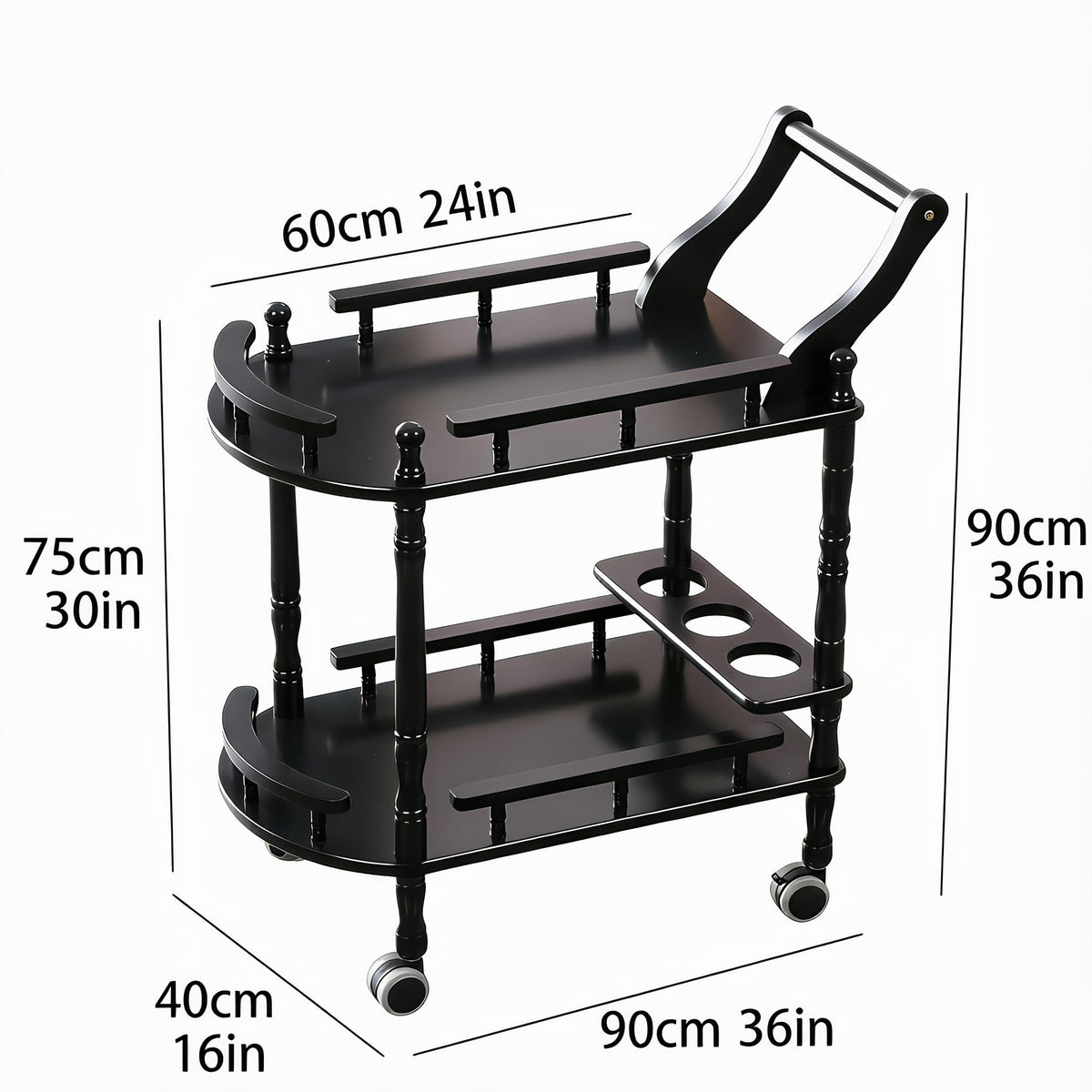 Entertainment Kitchen Cart, Midcentury Modern Imported rubberwood Brown Finished Wood 3-Tier Mobile Bar Cart Serving Cart