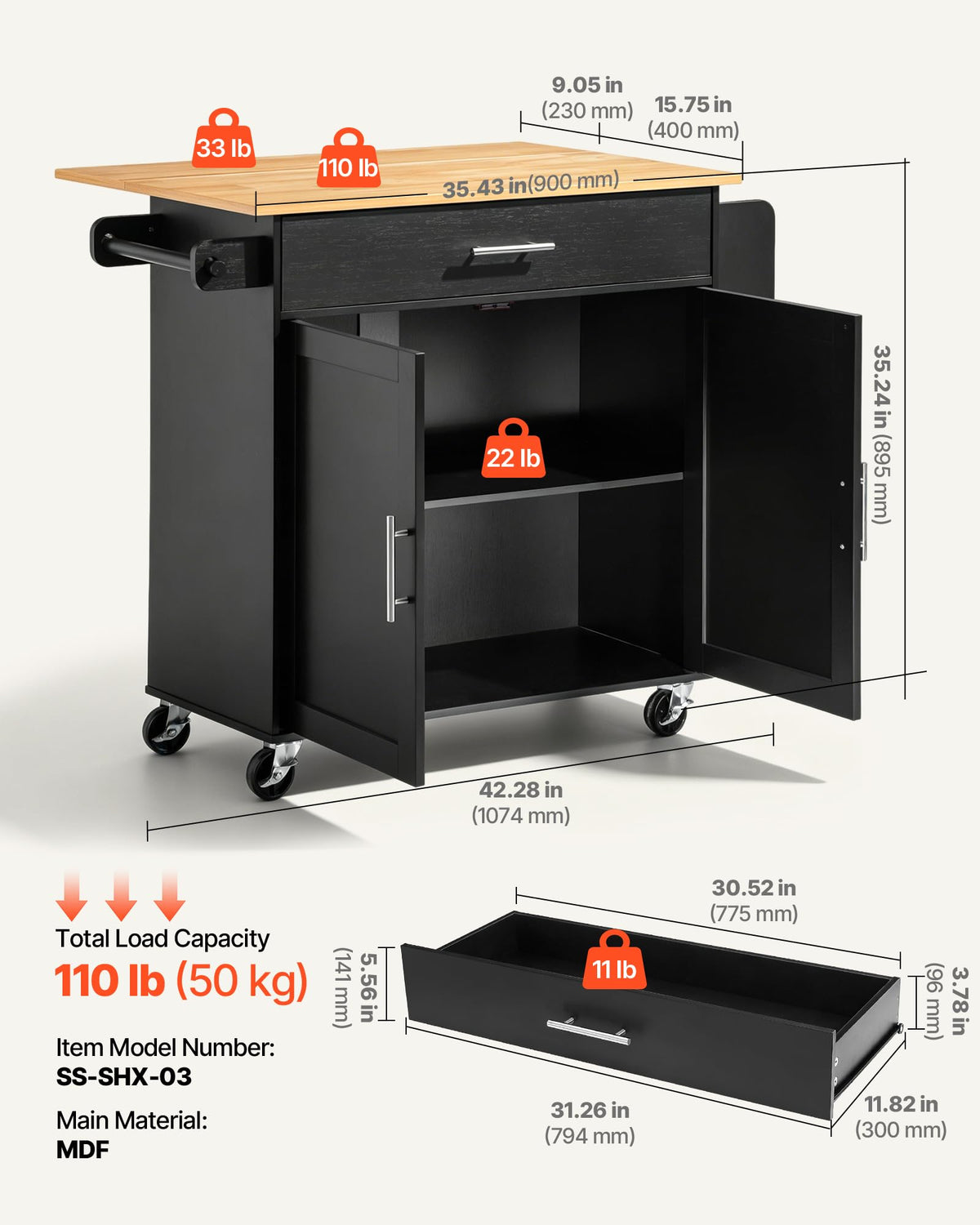 VEVOR Kitchen Island Cart with Storage, 42.28 in Wide Mobile Rolling Storage Island on Swivel Wheels, with Drawer, Storage Cabinet, Drop Leaf, Spice Rack, Table for Home Dining Room, White