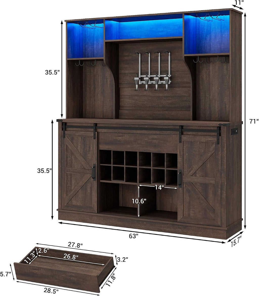 Farmhouse Coffee Bar Cabinet with LED Light, Charging Station, Brown
