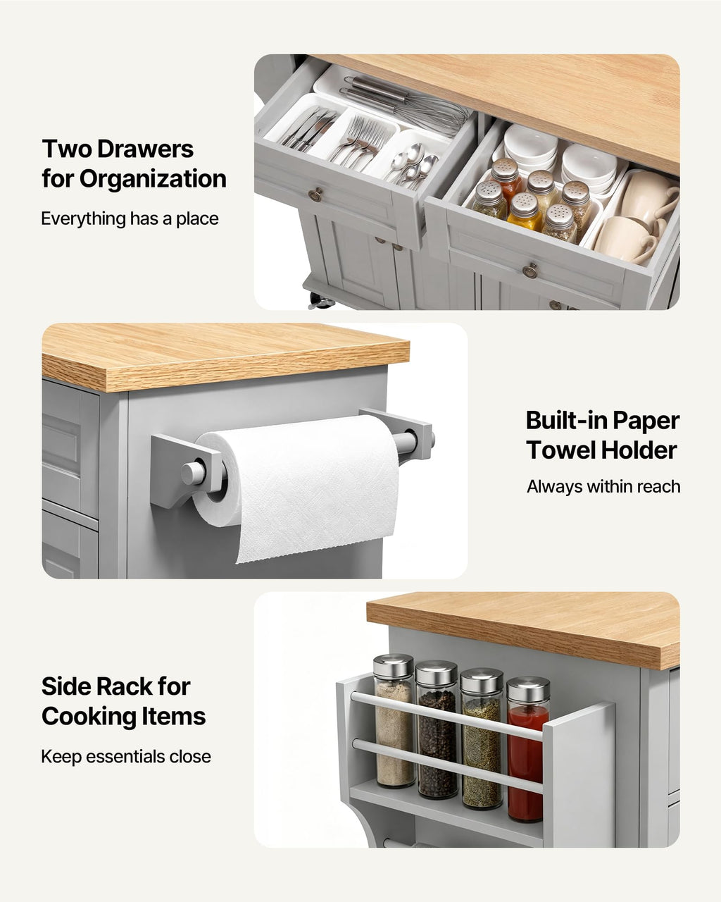 VEVOR Kitchen Island Cart with Storage, 43.58 in Wide Mobile Rolling Storage Island on Swivel Wheels, with 2 Drawers, Storage Cabinet, Drop Leaf, Spice/Towel Rack, Table for Home Dining Room, White