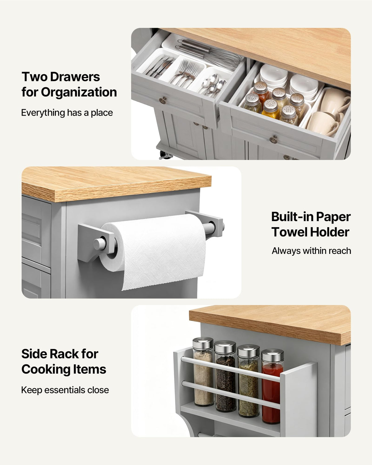 VEVOR Kitchen Island Cart with Storage, 43.58 in Wide Mobile Rolling Storage Island on Swivel Wheels, with 2 Drawers, Storage Cabinet, Drop Leaf, Spice/Towel Rack, Table for Home Dining Room, White
