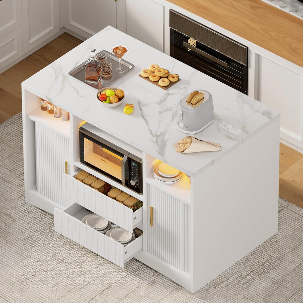 Kitchen Island with Power Outlet & LED Lights, 47" Rolling Island