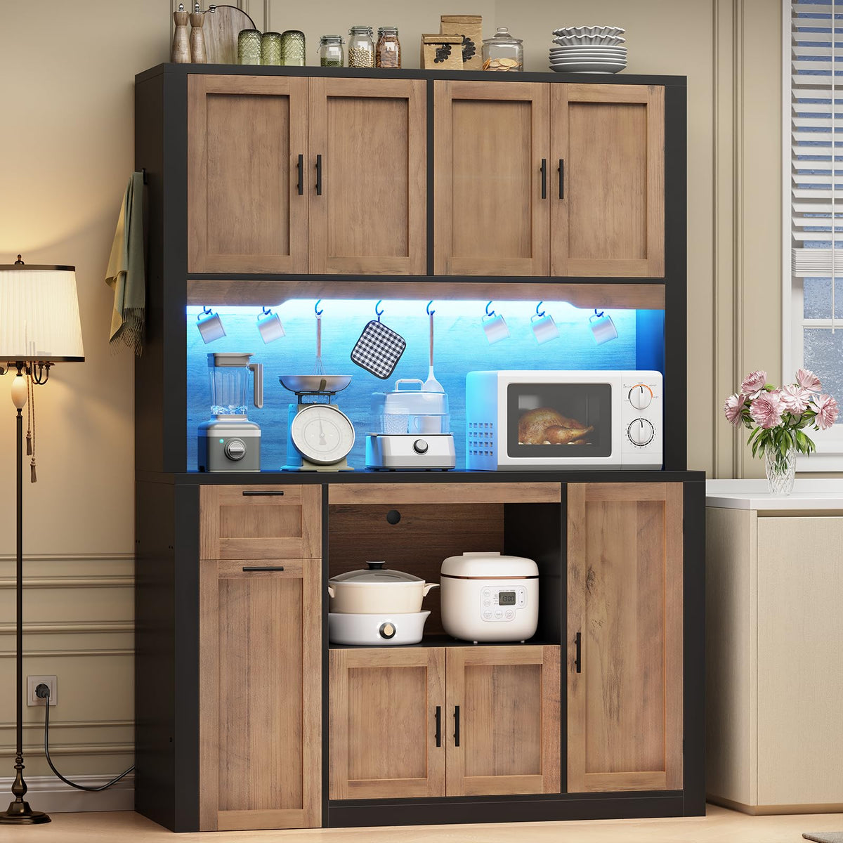 Itaar 71" Kitchen Pantry Cabinet with Charging Station and Led Light, Kitchen Storage Cabinets with Microwave Stand, 59" Wide Pantry Storage Cabinet with Storage Cart 3 Tier for Dining Room, White