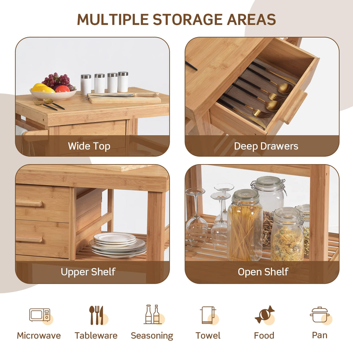 Bamboo Kitchen Island Cart with Storage, Rolling Butcher Block
