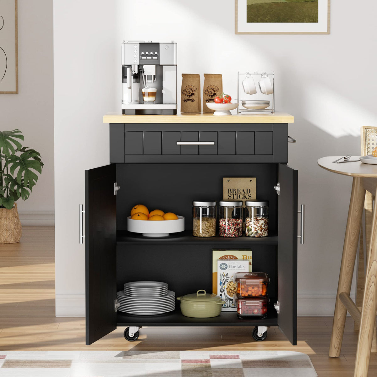 JY QAQA 26" Rolling Kitchen Island Cart on Wheels, Mobile Storage Cabinet with Adjustable Inner Shelves, Kitchen Prep Cart with Towel Rack & Lockable Casters for Small Apartment Kitchen, White