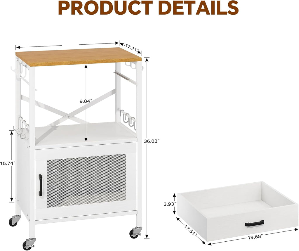 Homeiju Kitchen Island Cart, Kitchen Storage Cart with Drawer, Microwaves Stand, Coffee Cart, Rolling Kitchen Cabinet Cart with Hooks for Kitchen, Dining Room, White