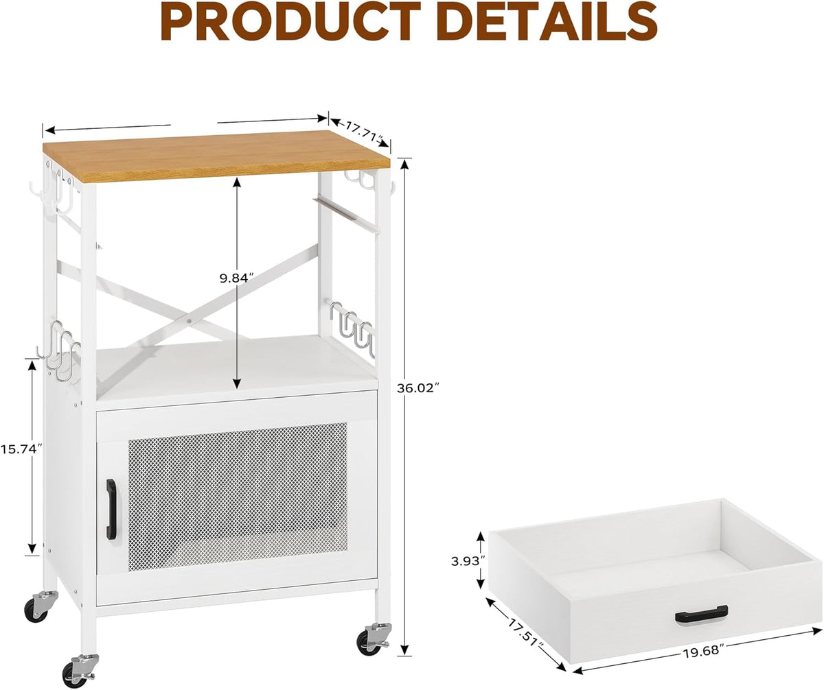 Homeiju Kitchen Island Cart, Kitchen Storage Cart with Drawer, Microwaves Stand, Coffee Cart, Rolling Kitchen Cabinet Cart with Hooks for Kitchen, Dining Room, White