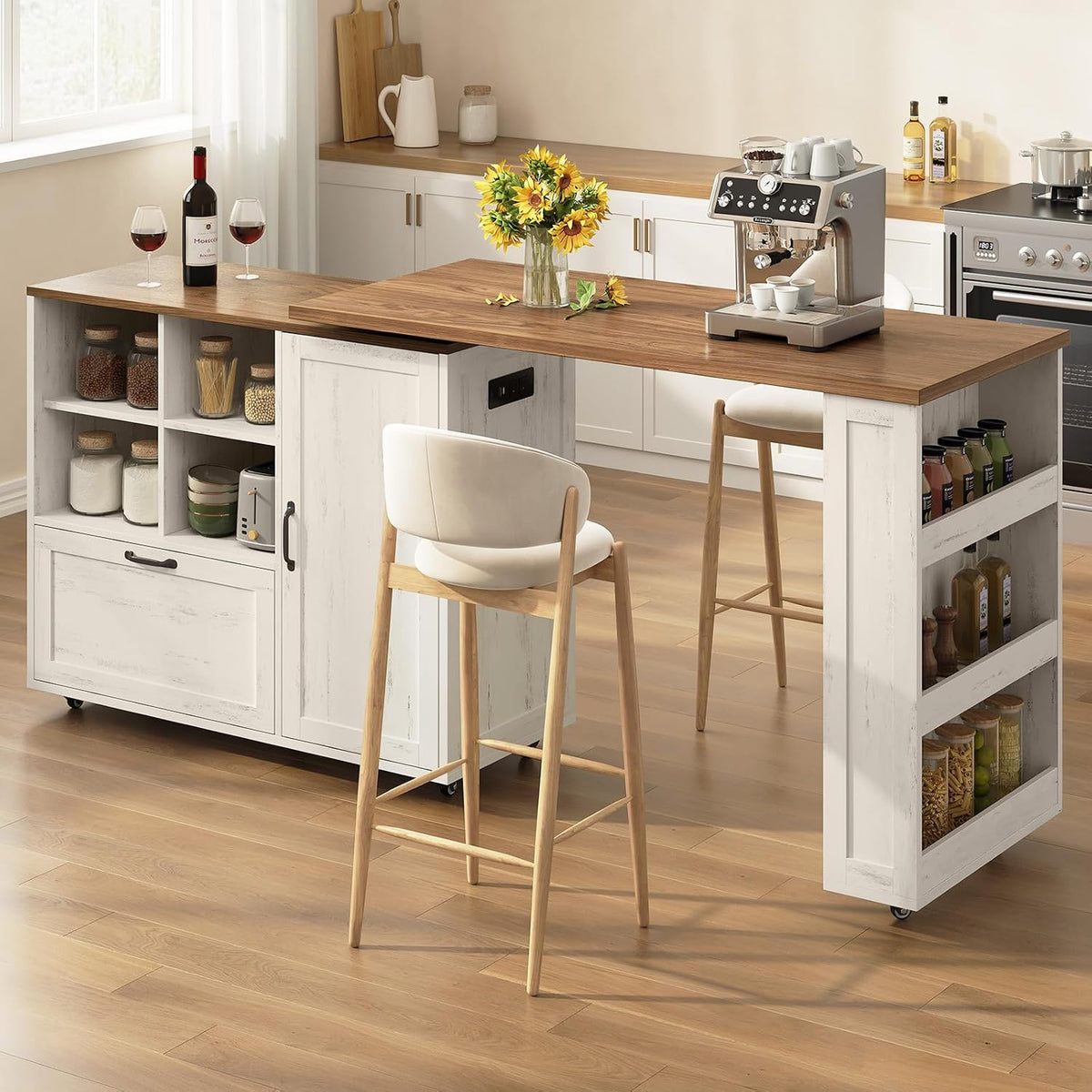 72" Rolling Kitchen Island with 360Â° Swivel Tabletop & Power Outlet,Mobile Kitchen Islands on Wheels with Storage,Farmhouse Wood Island Cart with Spice Rack,Rustic White