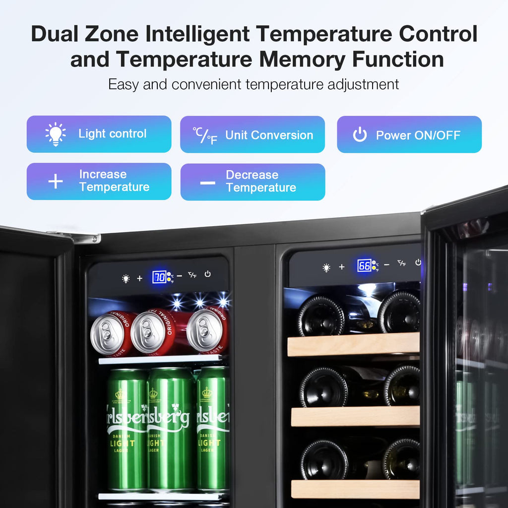 Tylza Wine Fridge 15'', 30 Bottles Wine Cooler Refrigerator, Undercounter or Freestanding, Removable Shelves, 40-65Â°F, Wine Cabinet with Double Glass Door, Wine Cooler for Home, Kitchen, Bar