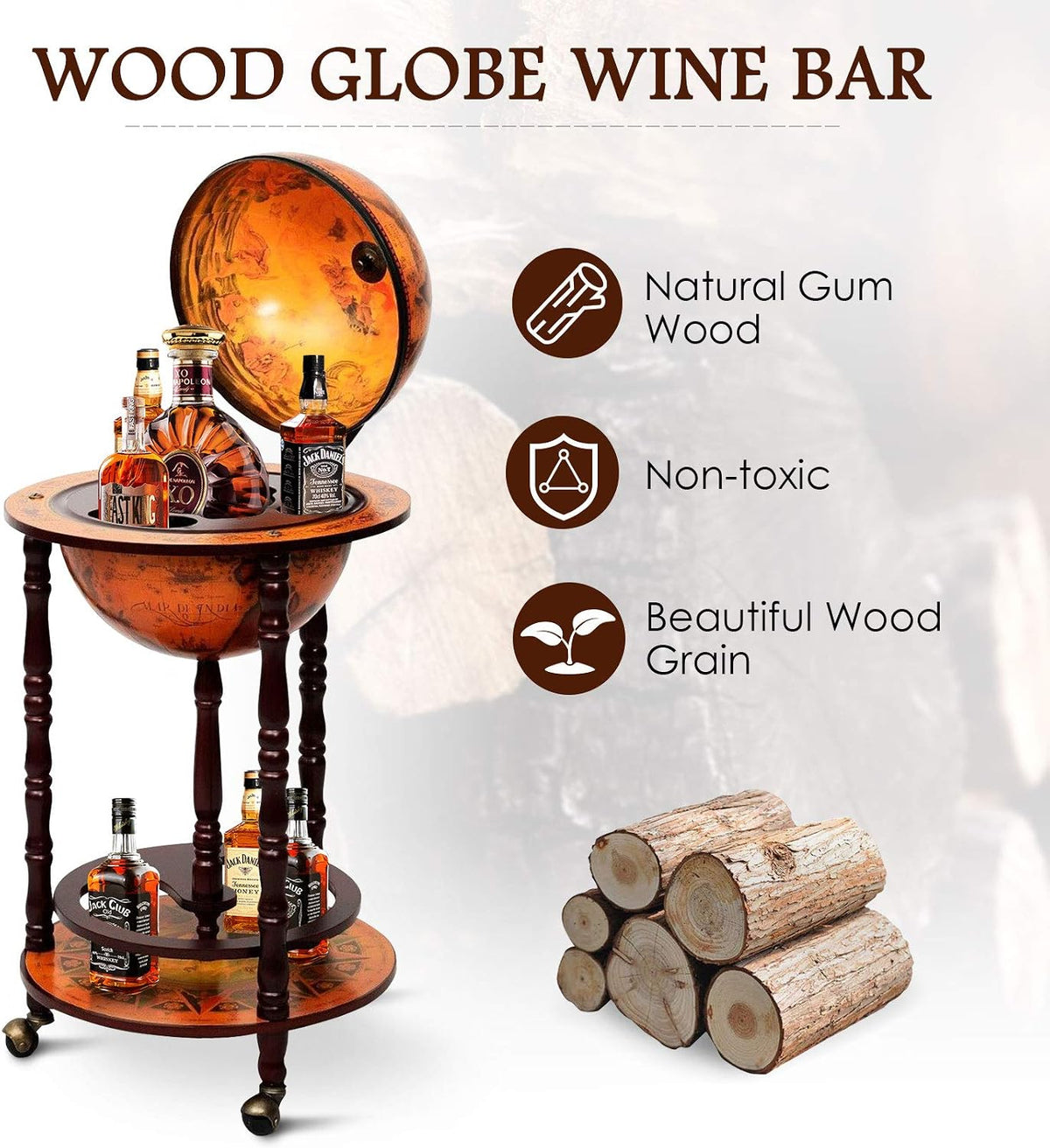 HAPPYGRILL Globe Bar, 17.5â Wine Bar Stand Italian Wooden Globe Wine Cart Liquor Bottle Shelf, 16th Century Retro Wine Cupboard with Wheels for Dining Room Living Room, Retro Brown