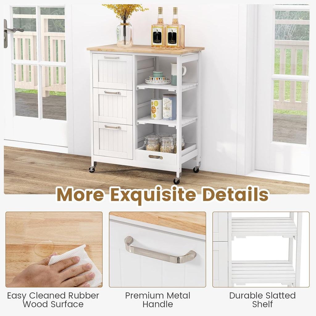 Small Kitchen Island, Kitchen Utility Cart on Wheels, Serving Cart with Drawers, Shelves, Tray, Rubber Wood Tabletop, Kitchen Rolling Cart with Storage for Dining Room, Bar (White)
