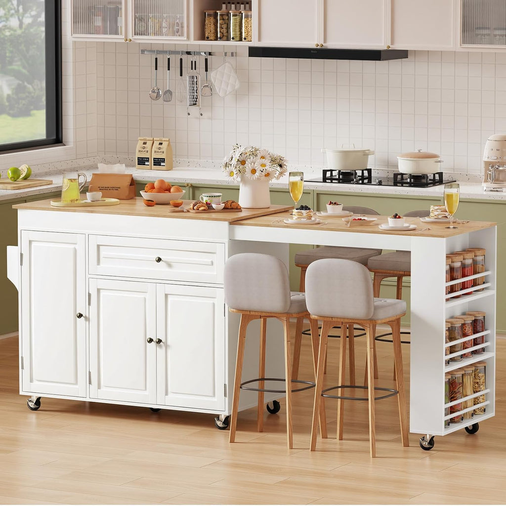 Expandable Kitchen Island with Storage Drawer and Wheels, White