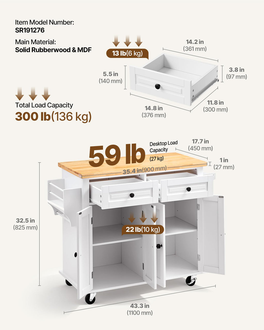 VEVOR Kitchen Island Cart with Storage, 47.64 in Wide Mobile Rolling Storage Island on Swivel Wheels, with 2 Drawers, Storage Cabinet, Drop Leaf, Towel Rack, Table for Home Dining Room, White