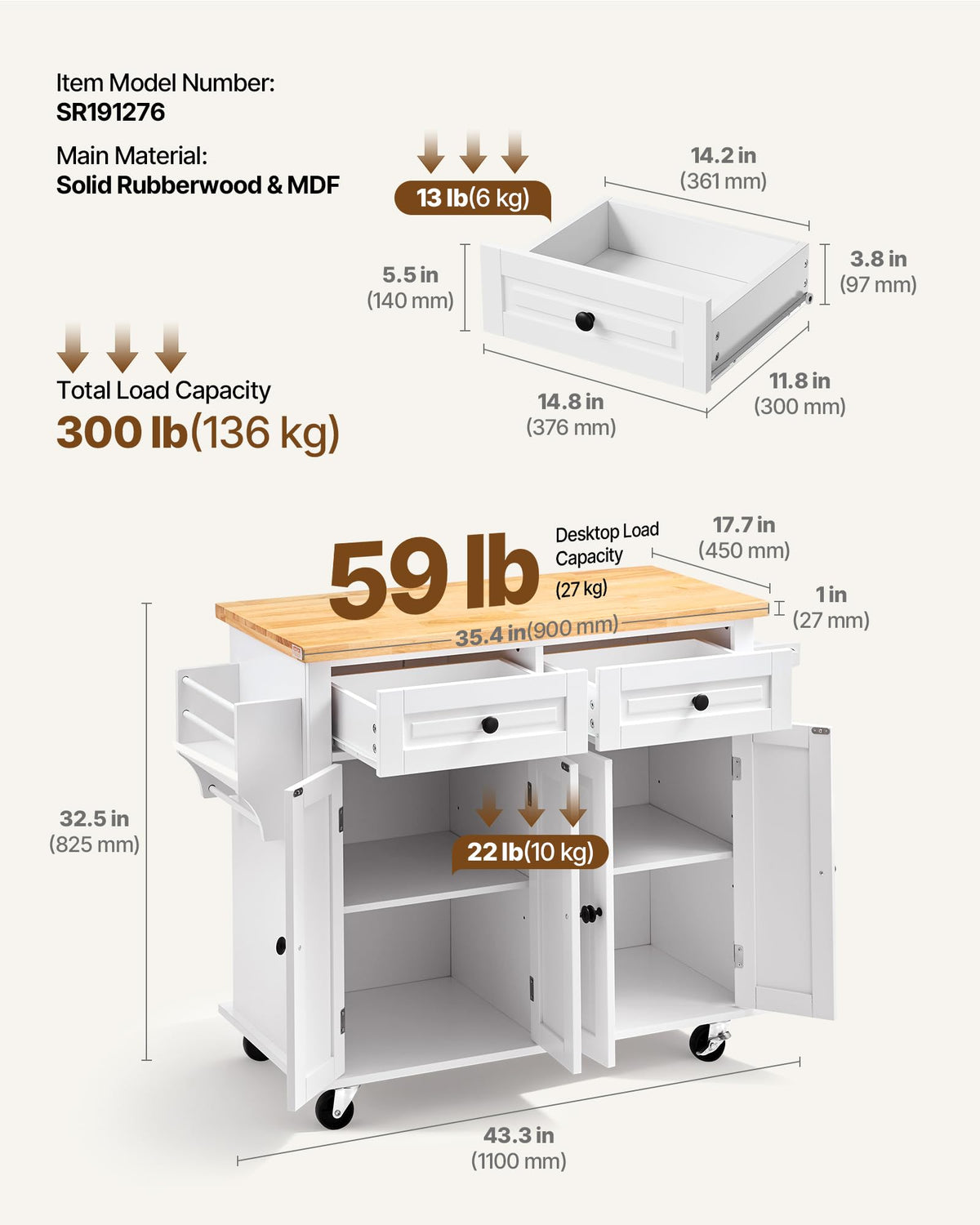 VEVOR Kitchen Island Cart with Storage, 47.64 in Wide Mobile Rolling Storage Island on Swivel Wheels, with 2 Drawers, Storage Cabinet, Drop Leaf, Towel Rack, Table for Home Dining Room, White
