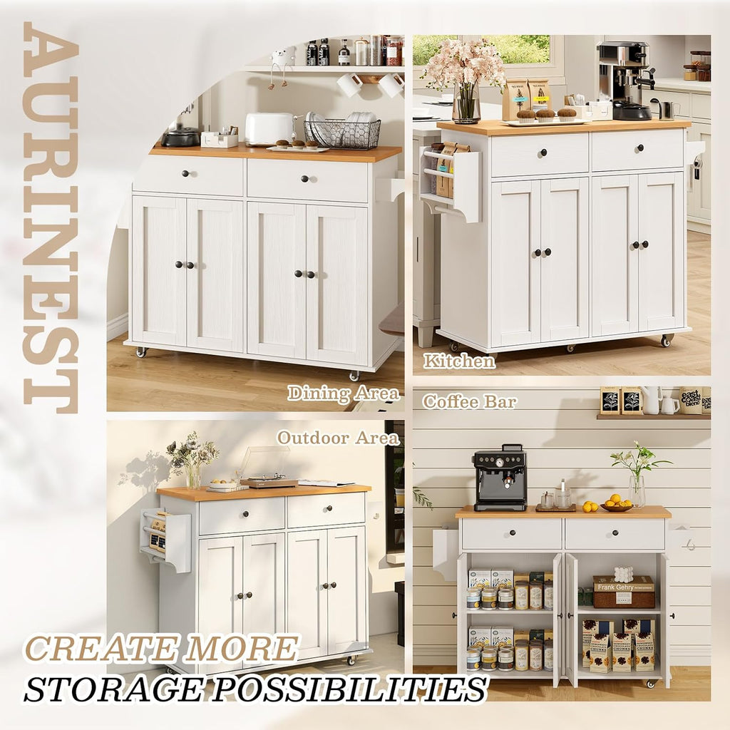 Kitchen Island with Storage, 35.4" Rolling Kitchen Island Cart on Wheels with 2 Drawers&Doors, Portable Kitchen Island Cart with Spice Rack&Towel Rack for Small Spaces Dining Room, White