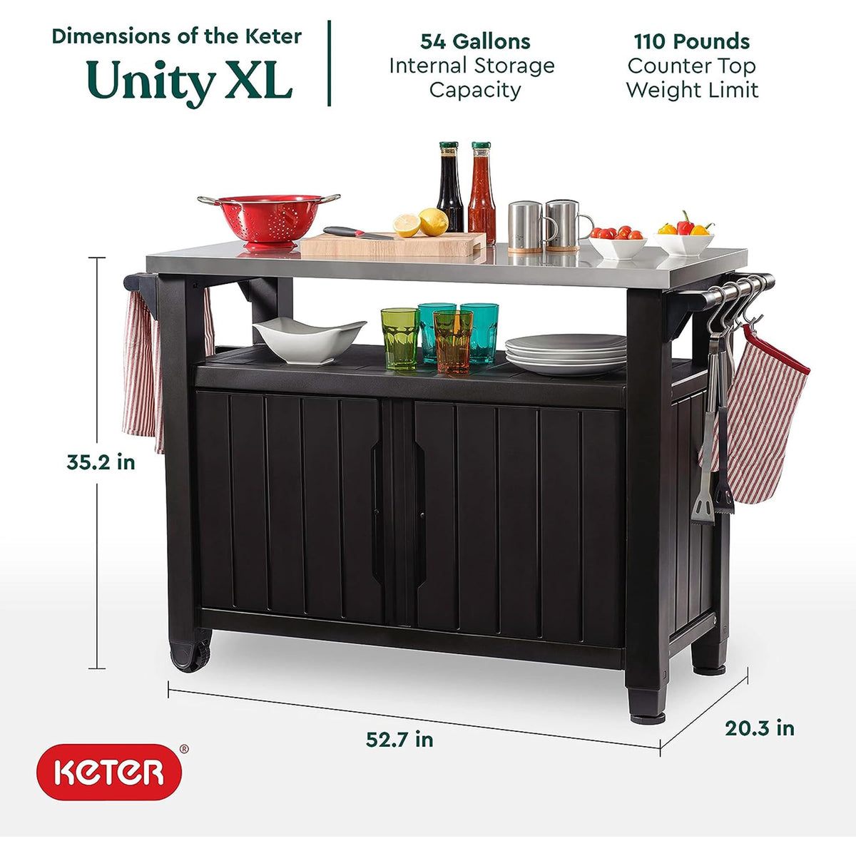 Keter Unity XL Portable Outdoor Table with Stainless Steel Top for Kitchen Prep and Outdoor Storage Cabinet for Grilling Accessories, Dark Grey
