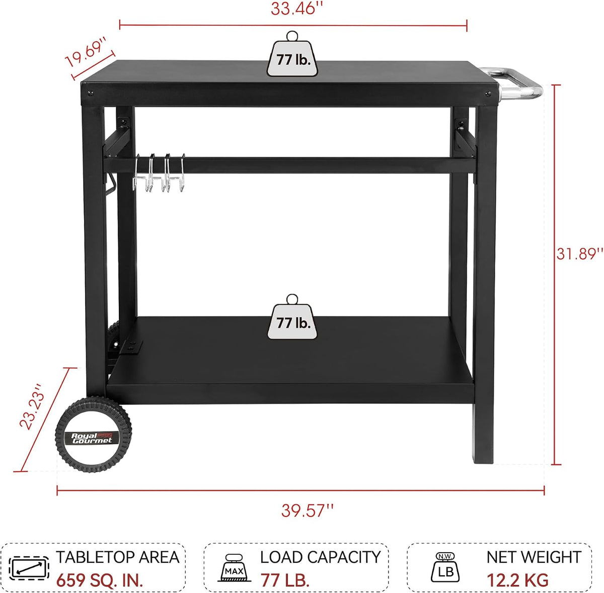Royal Gourmet Dining Cart Table with Double-Shelf PC3401B (Black)