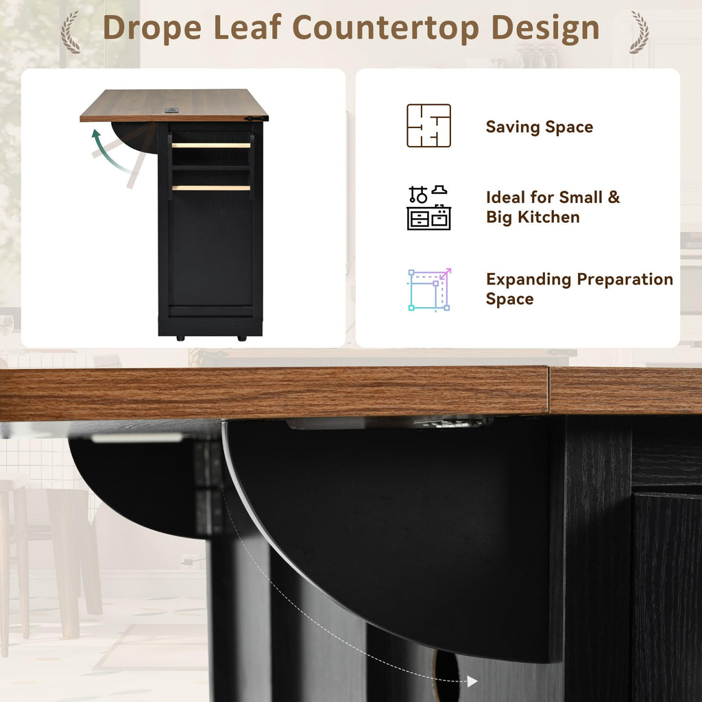 Ball & Cast Farmhouse Kitchen Island with Power Outlet,Dining Storage Island with Drop Leaf,Spice Rack and Drawer,Rolling Dining Cart on Wheels for Home,Kitchen,Dining Room,White,54"