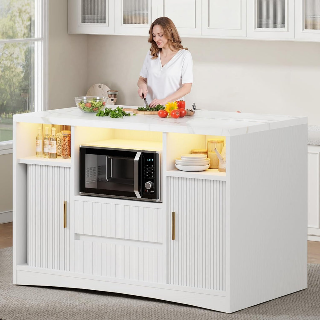 Kitchen Island with Power Outlet & LED Lights, 47" Rolling Island