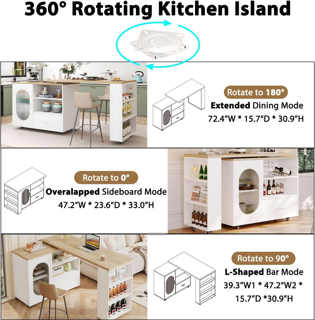 HSH 72â Rolling Kitchen Island with Seating & Storage on Wheels, White Oak