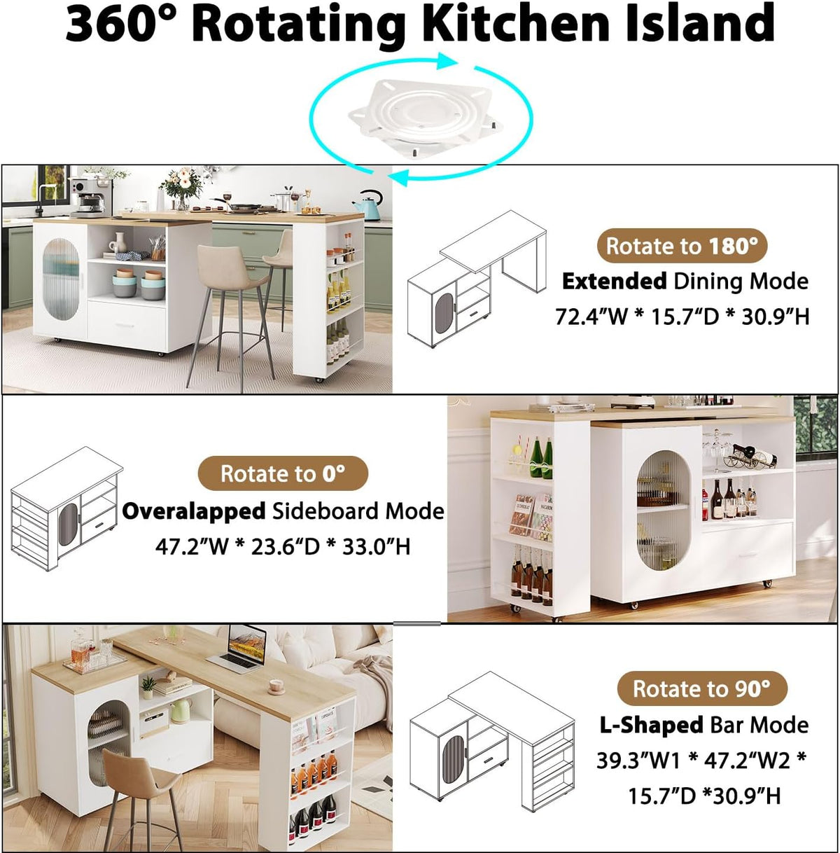 HSH 72â Rolling Kitchen Island with Seating & Storage on Wheels, White Oak