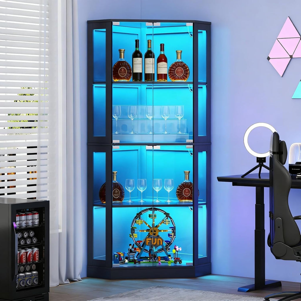 Gyfimoie Corner Wine Bar Cabinet with LED Lights,65" Tall Modern Liquor Cabinet with Tempered Glass Door,4-Tier Home Bar Liquor Storage Cabinet for Home Living Dining Room, Kitchen