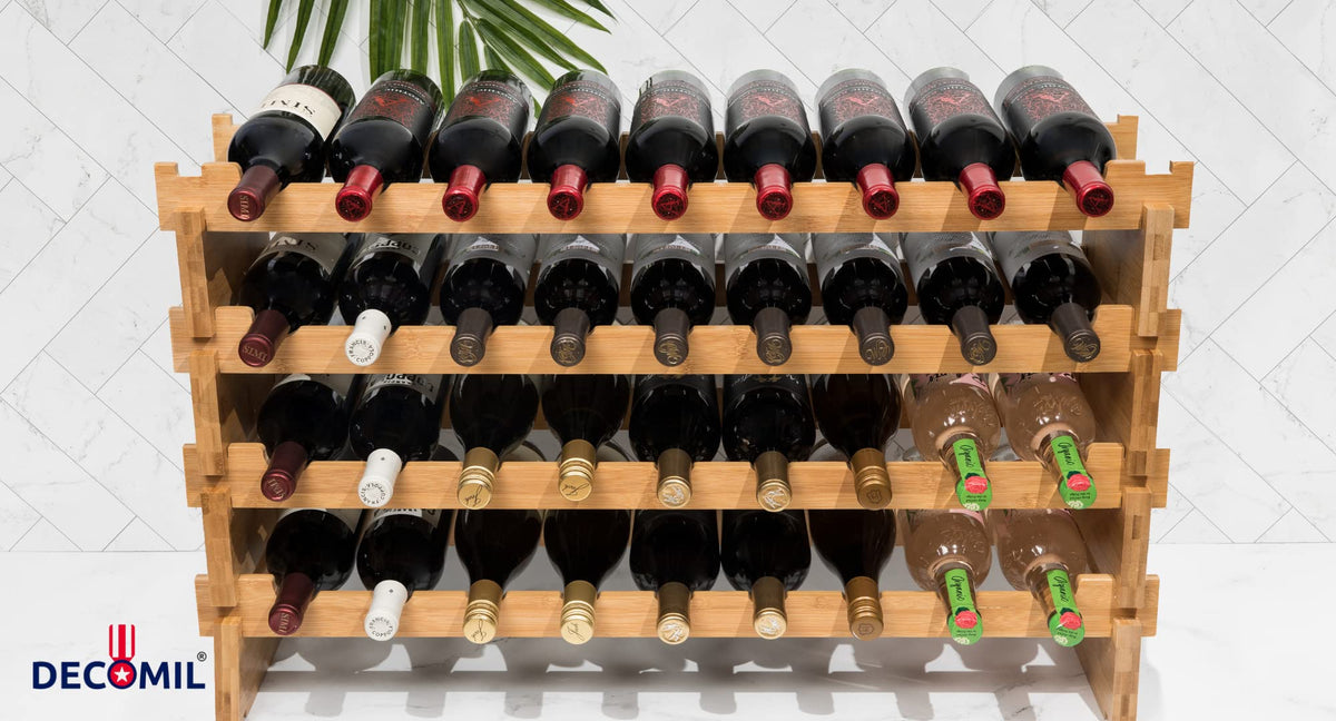 DECOMIL - 72 Bottle Stackable Modular Wine Rack Wine Storage Rack Solid Bamboo Wine Holder Display Shelves, Wobble-Free (Eight-Tier, 72 Bottle Capacity)