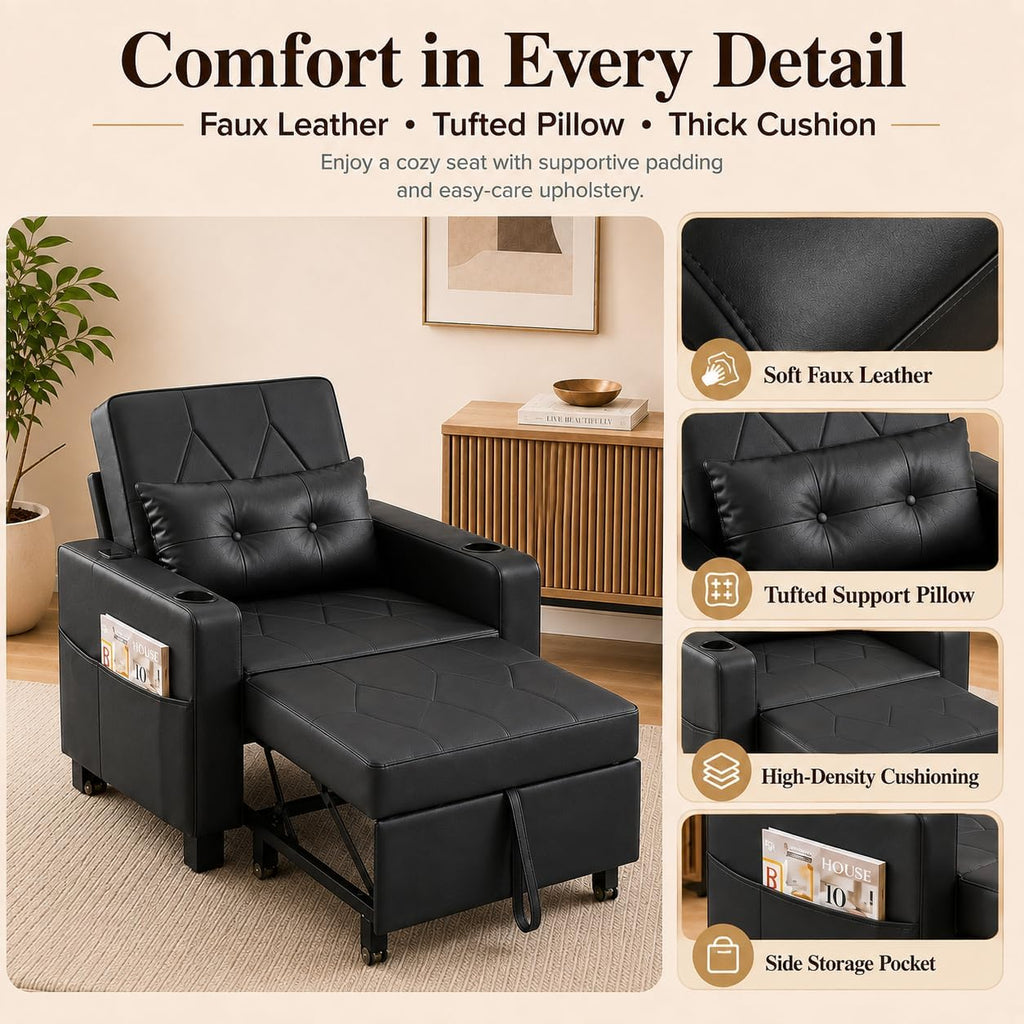 AILEEKISS Sleeper Chair Bed, 3-in-1 Convertible Pull Out Sofa, Faux Leather