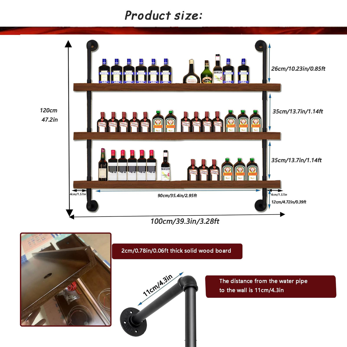 39.7in Solid Wood Wine Rack Wall Mounted with LED Light