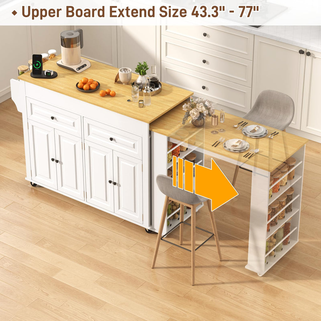 80"-48" Extendable Kitchen Island with Extended Dining Table and Power Outlet,Large Mobile Kitchen Storage Islands with 2 Storage Drawers,Rolling Islands Cart with 3 Extra Rows Open Shelves(Brown)