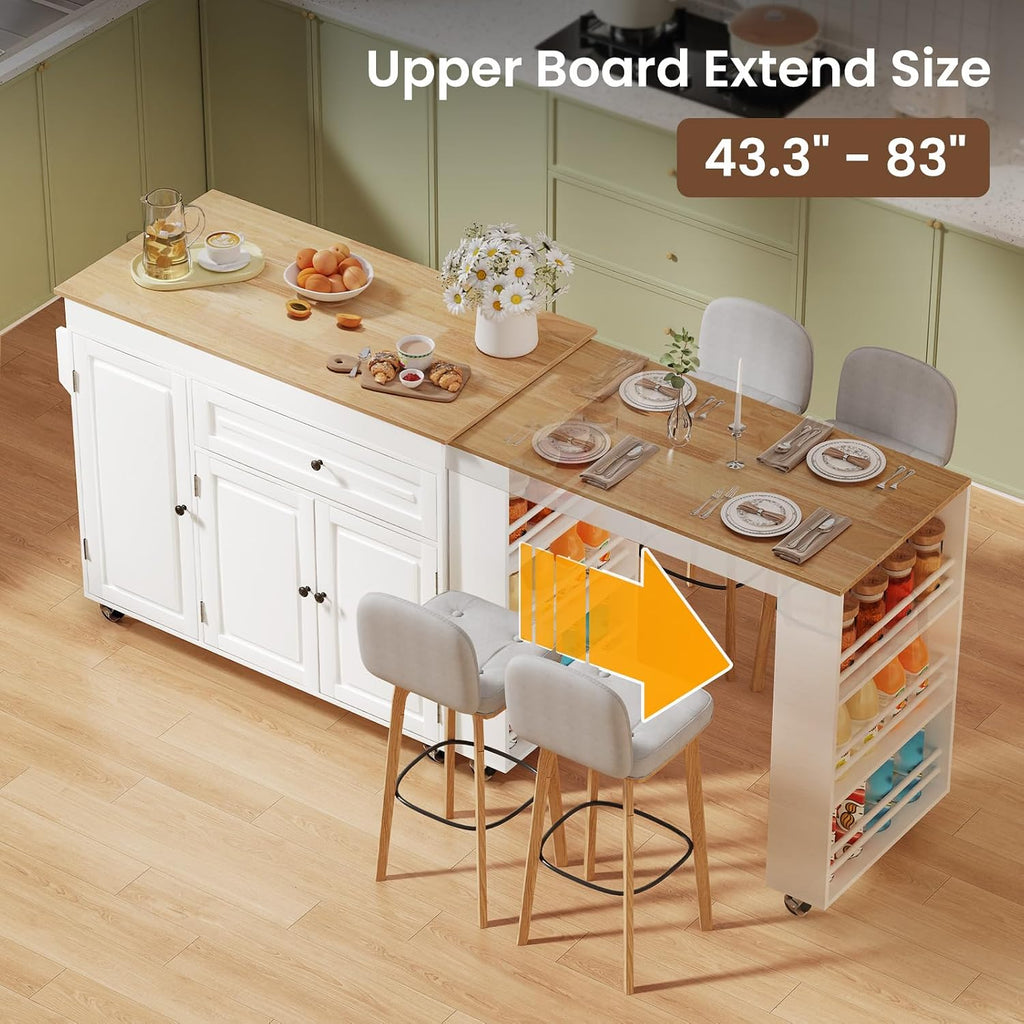 Expandable Kitchen Island with Storage Drawer and Wheels, White