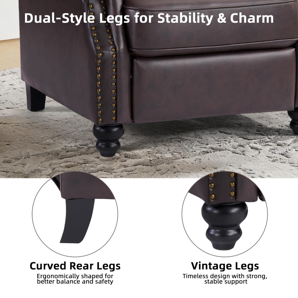 CANMOV Pushback Recliner Chair Faux Leather Armchair Push Back Recliner with Rivet Decoration Single Sofa Accent Chair for Living Room, Chocolate